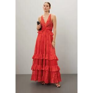 Sabina Musayev Camellia Red Tiered Embroidered Dress Gown Size XS, Rt. $725